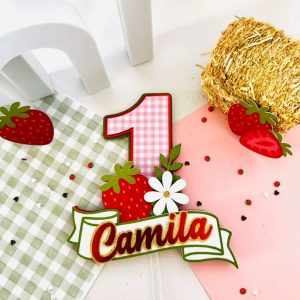 Strawberry picnic personalized birthday cake topper with custom name and age