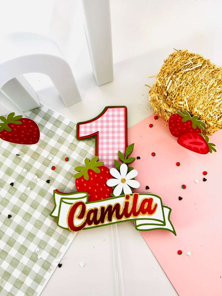 strawberry picnic birthday cake topper Strawberry picnic personalized birthday cake topper with custom name and age